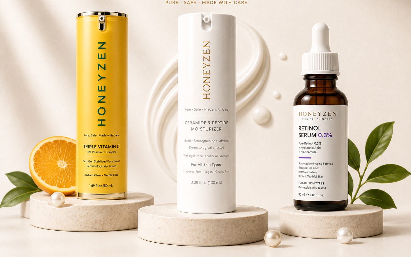 Honeyzen Triple Vitamin C serum, Ceramide + Peptide moisturizer and Retinol Serum 0.3%